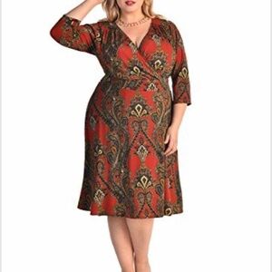 Igigi Surplice Dress Amazing Paisley Size 18/20 Red Multi Knee Length V-Neck NWT